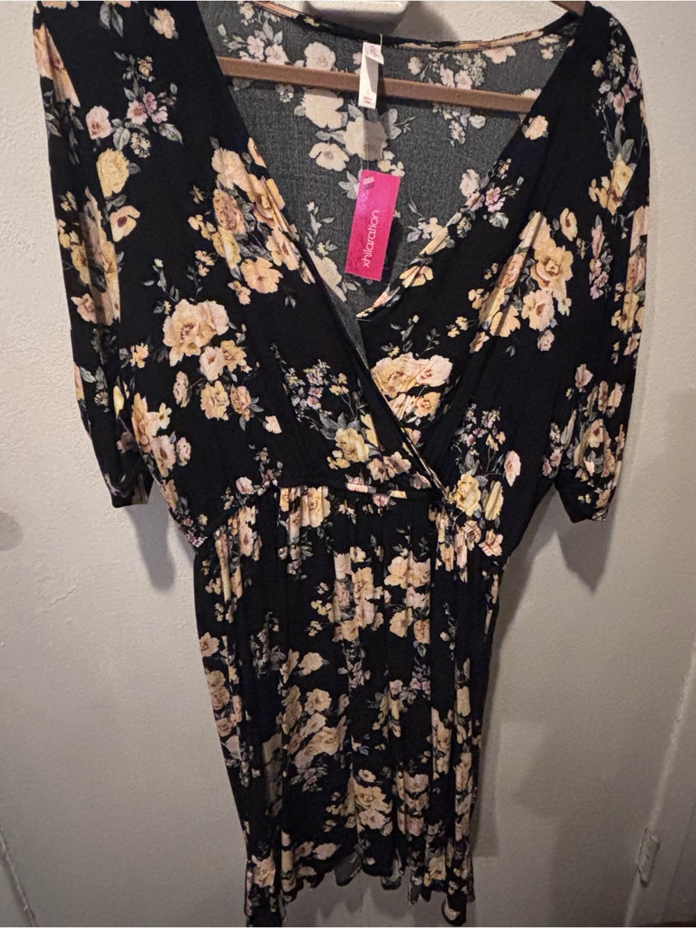 Xhilaration Black Floral Wrap Dress with Cream & Pink Blooms
